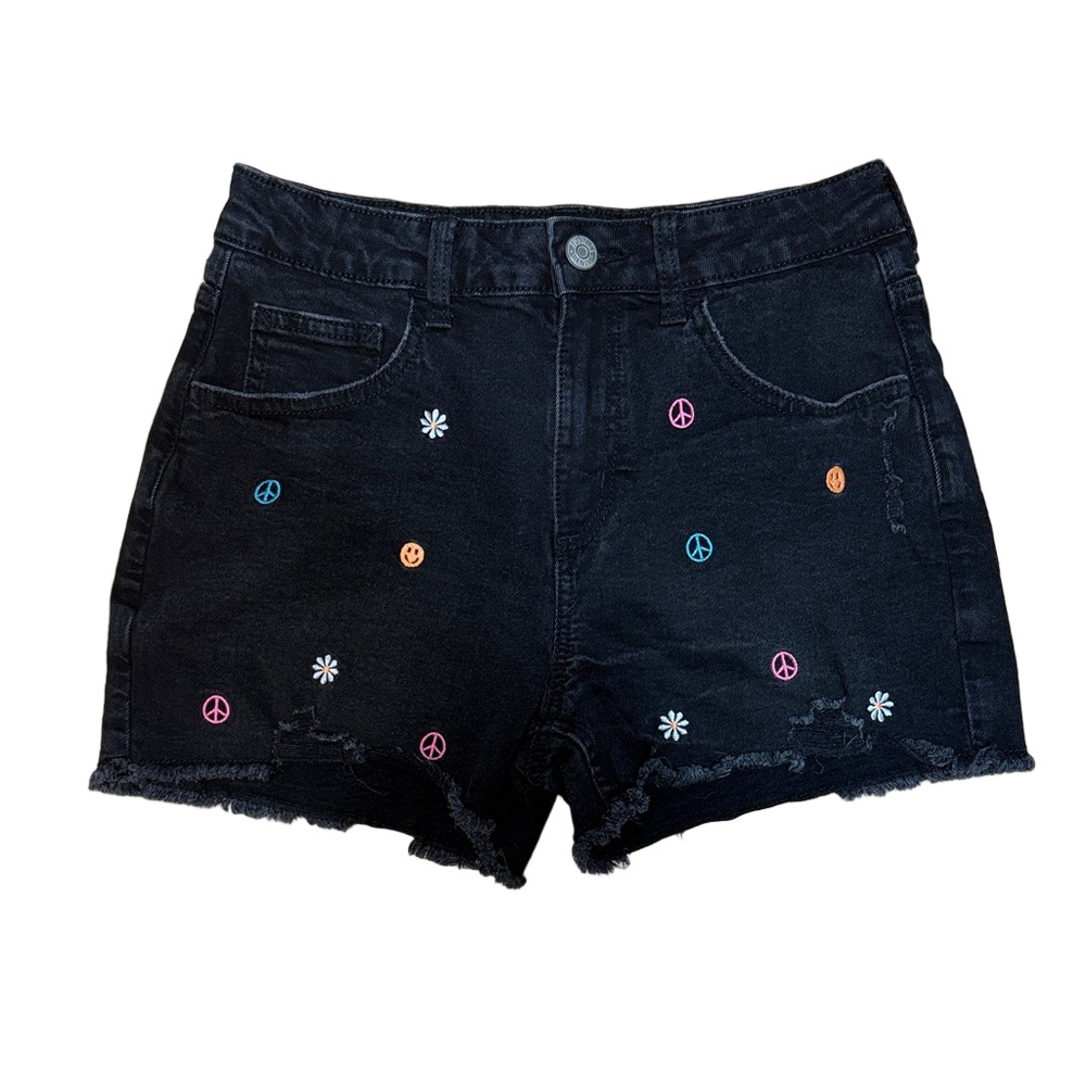 Justice Black Denim Shorts Peace Smile Daisy Embroidered Girls 18